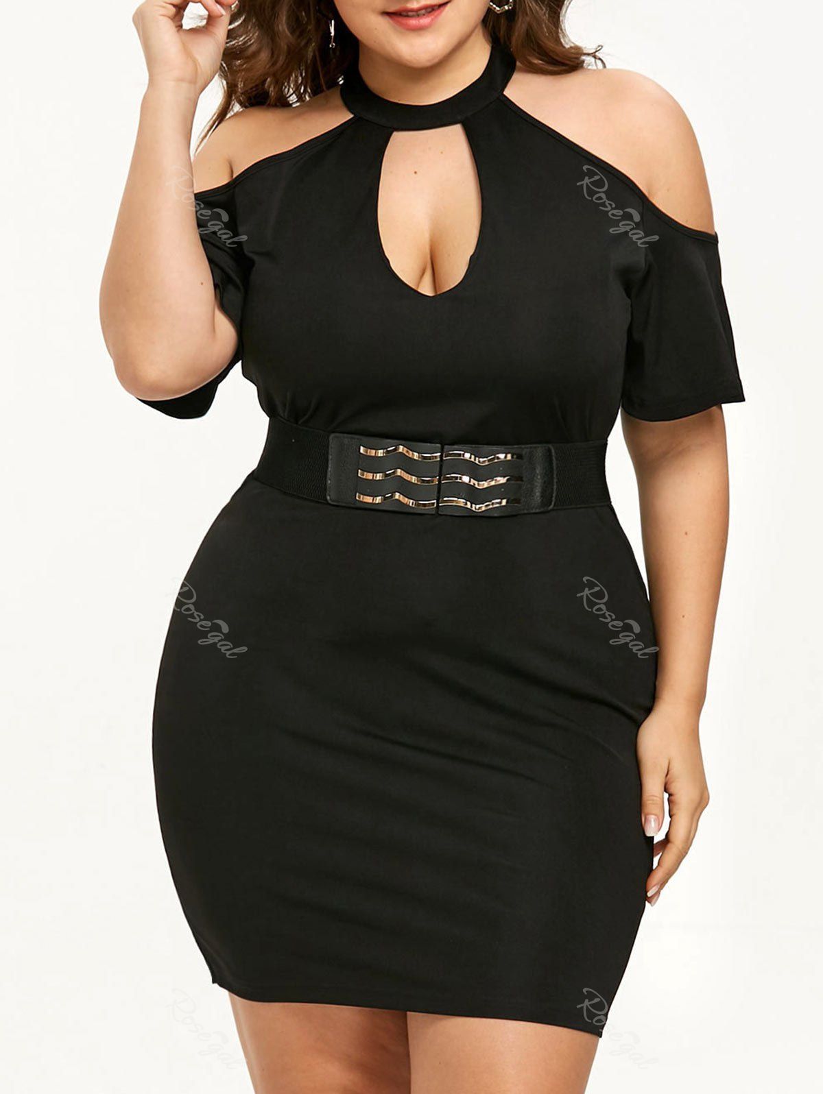 

Plus Size Keyhole Neck Cold Shoulder Dress, Black