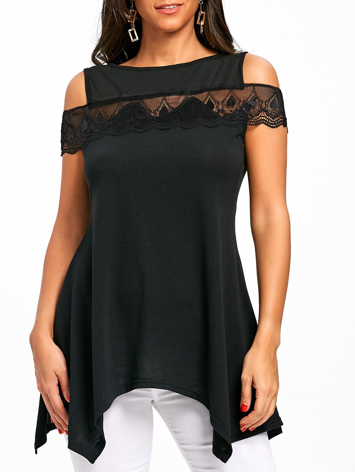 

Lace Panel Cold Shoulder Handkerchief T-shirt, Black