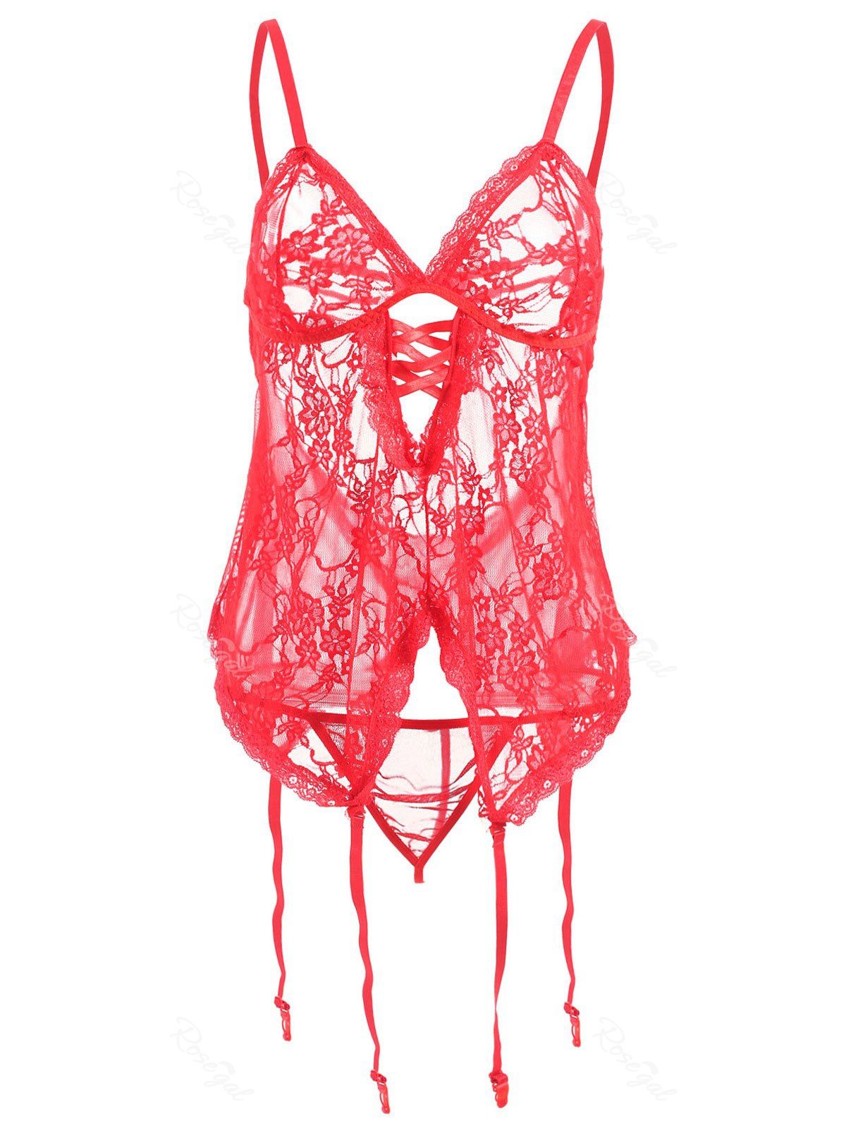 

Plus Size Lingerie Sheer Lace Garters Babydoll, Red