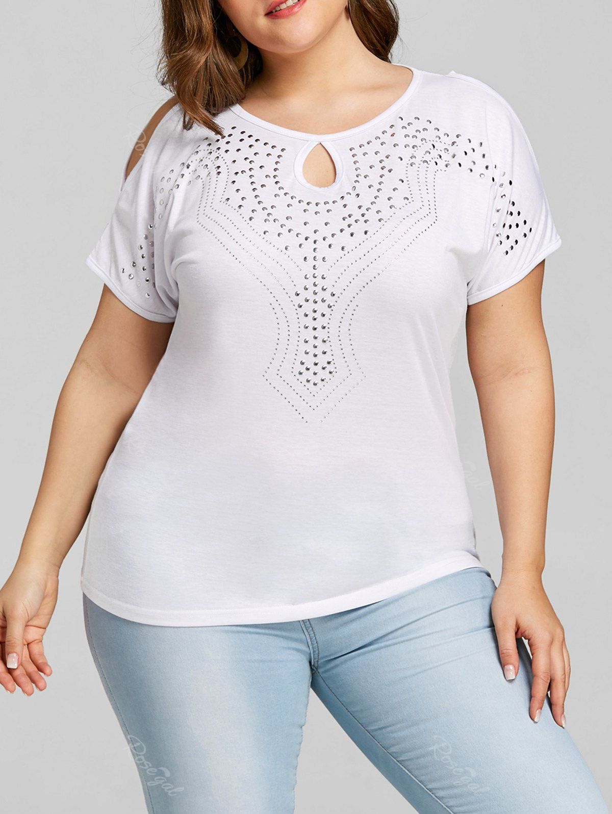 

Faux Diamond Plus Size Keyhole Personality T-shirt, White