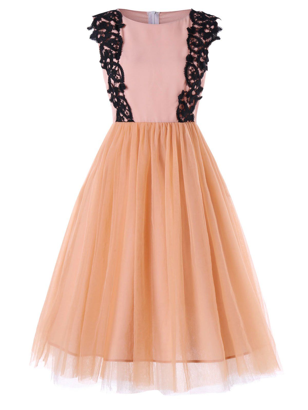 

Lace Trim Chiffon Panel Sleeveless Dress, Apricot