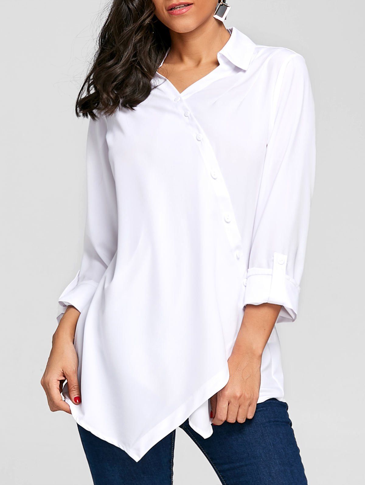 

Button Up Crossover Asymmetric Blouse, White