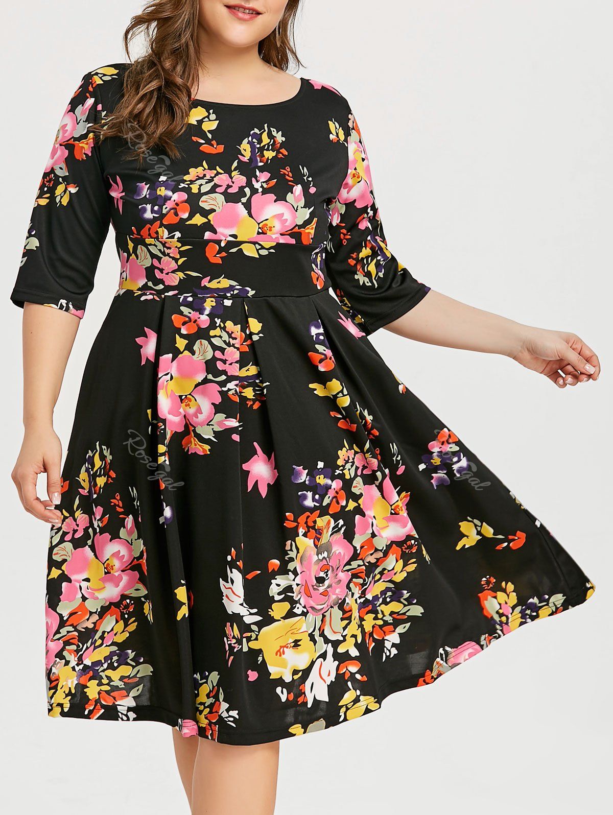 

Flower Plus Size Vintage Skater Dress, Black