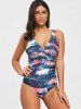 Abstract Print Surplice Backless Swimsuit -  