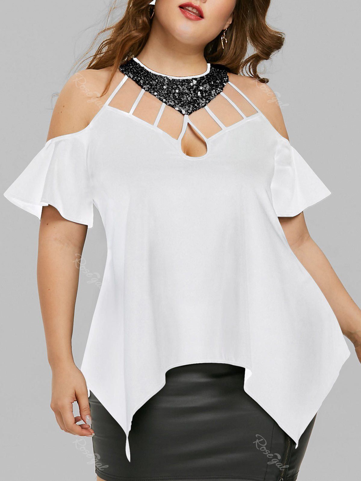 

Plus Size Bell Sleeve Sequined Blouse, White