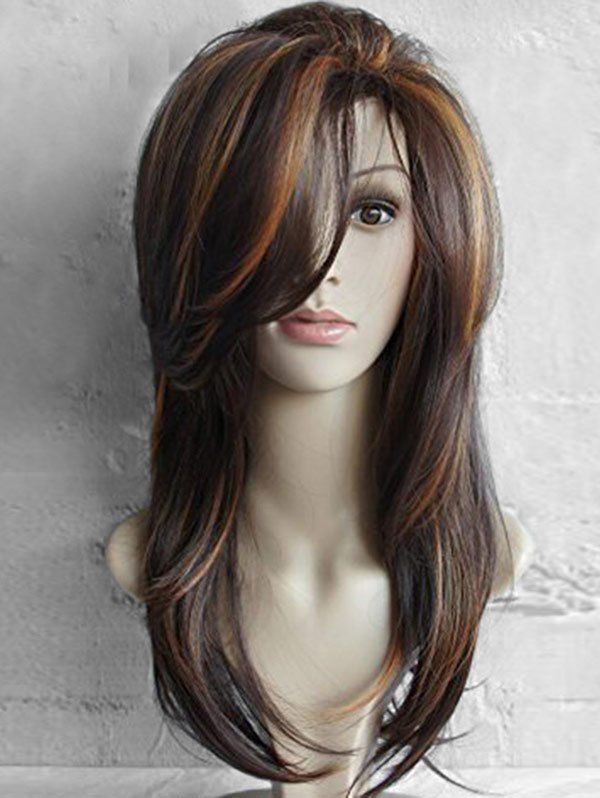 

Long Inclined Bang Highlighted Natural Straight Synthetic Wig, Colormix