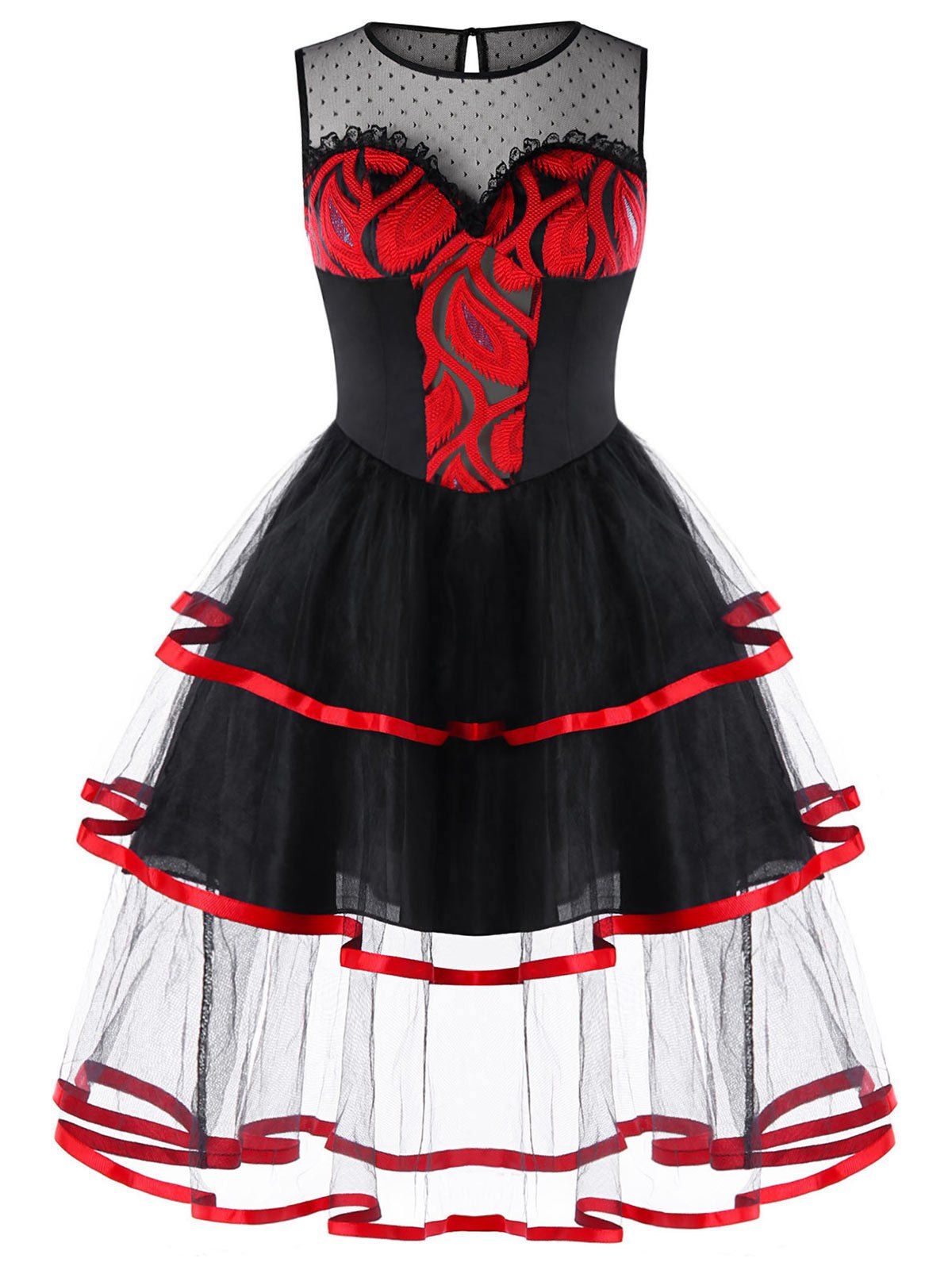

Two Tone Sleeveless Layered Vintage Dress, Red with black