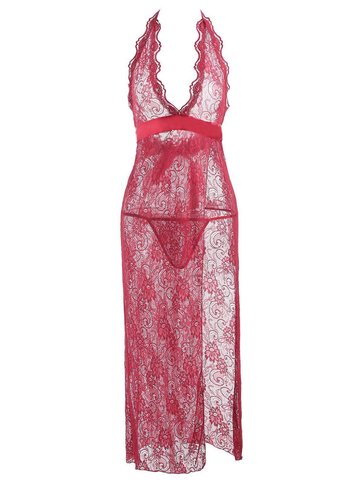 

Lace Sheer Long High Slit Dress, Wine red