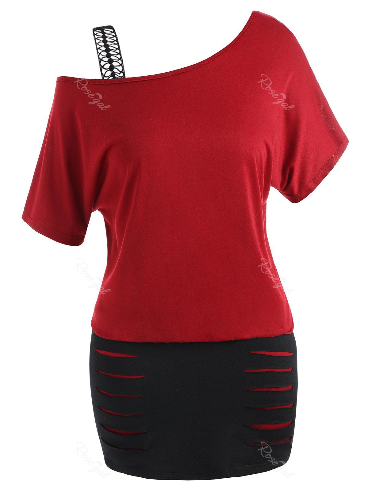 

Plus Size Color Block Skew Neck T-shirt, Black&red