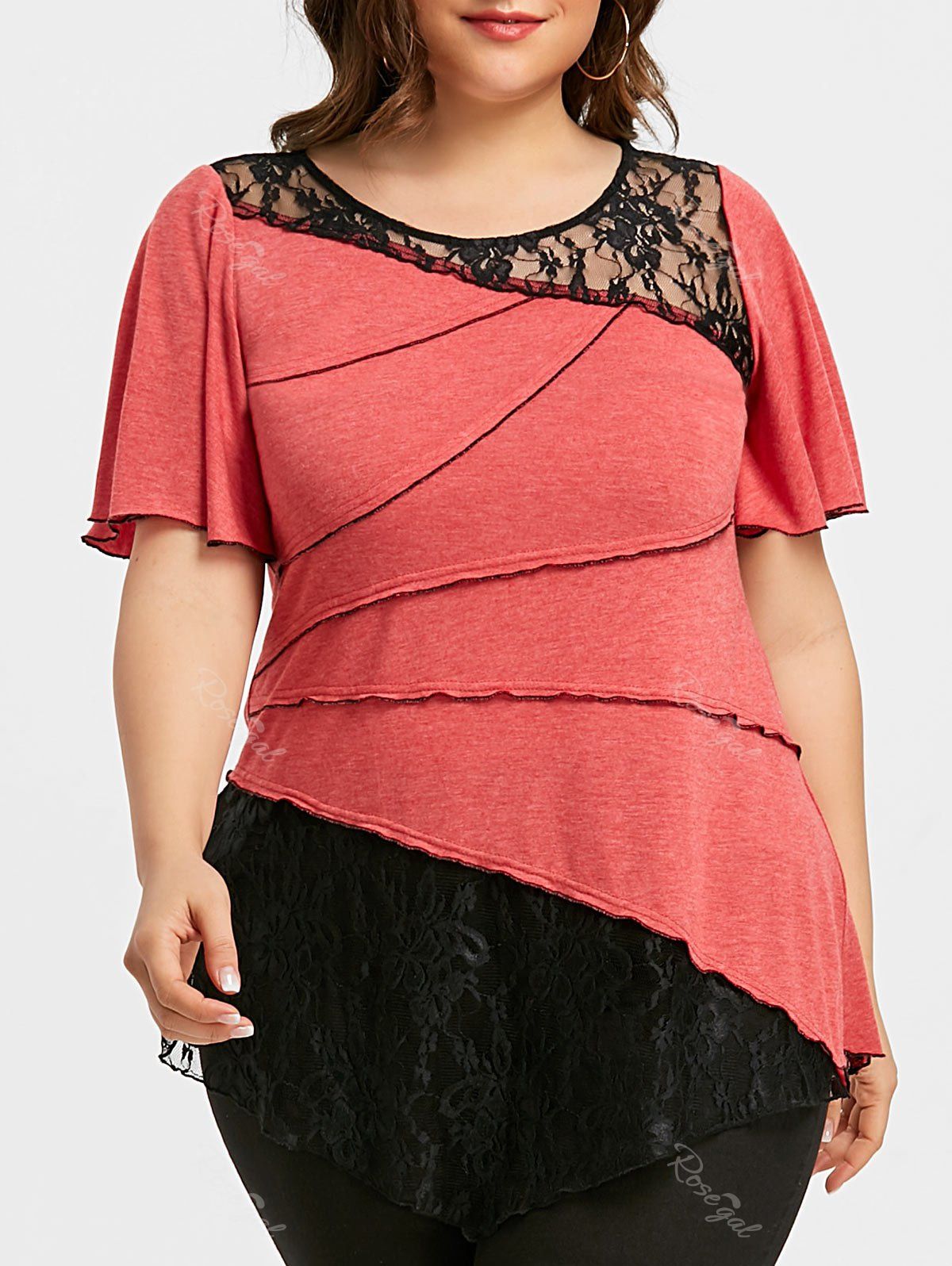 

Plus Size Lace Trim Asymmetric T-shirt, Red