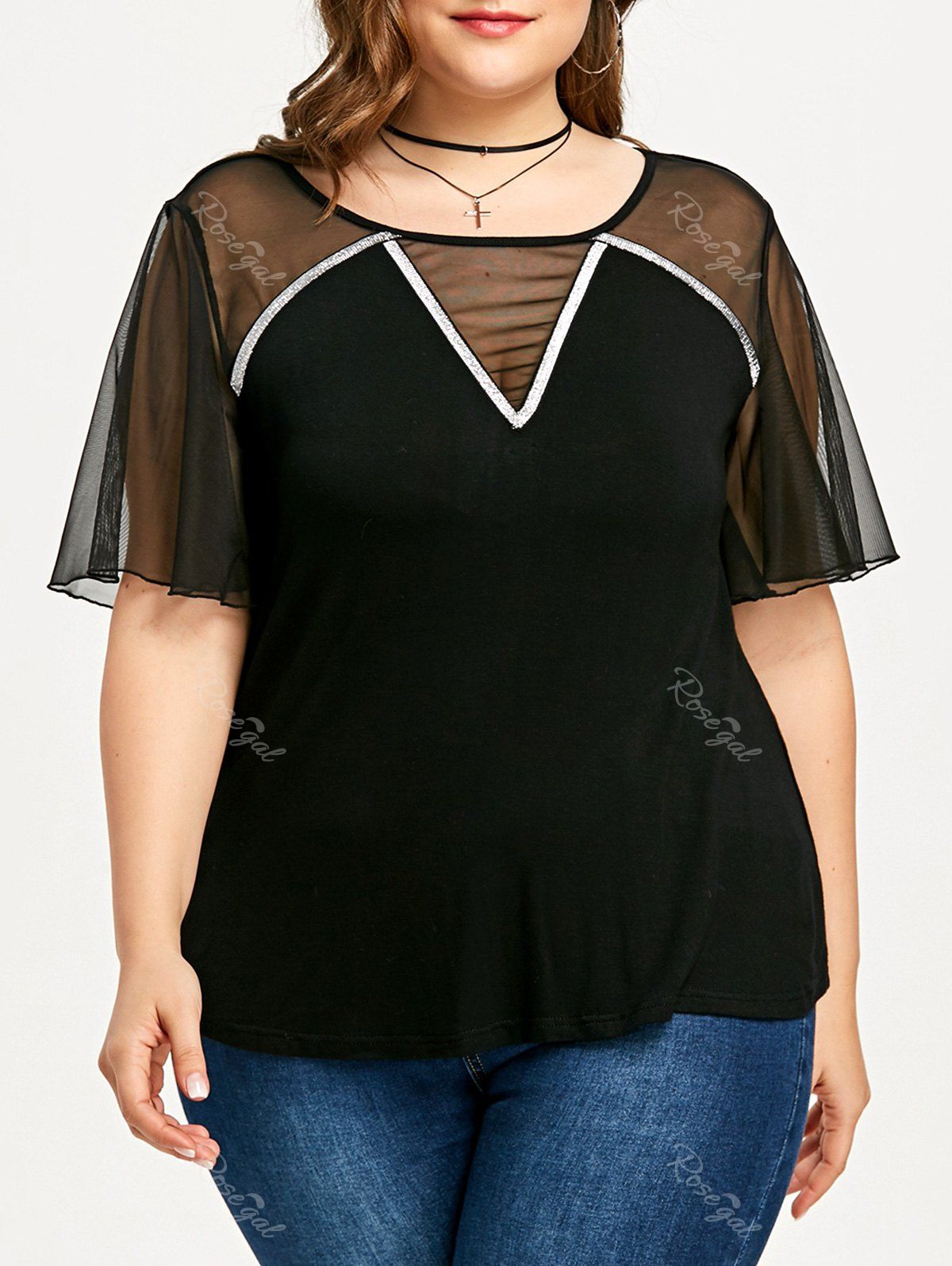 

Plus Size Sheer Bell Sleeve T-shirt, Black