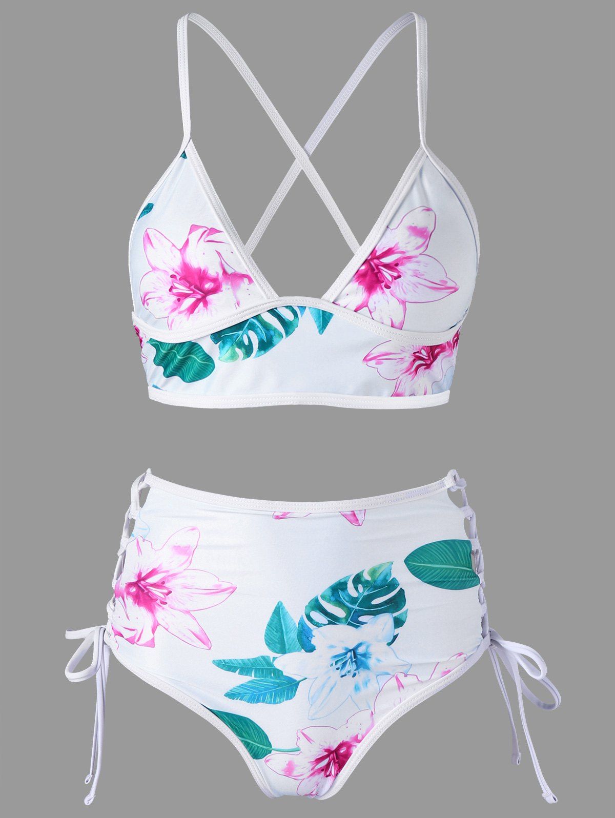 

Lace-up High Waist Floral Bikini Set, Colormix