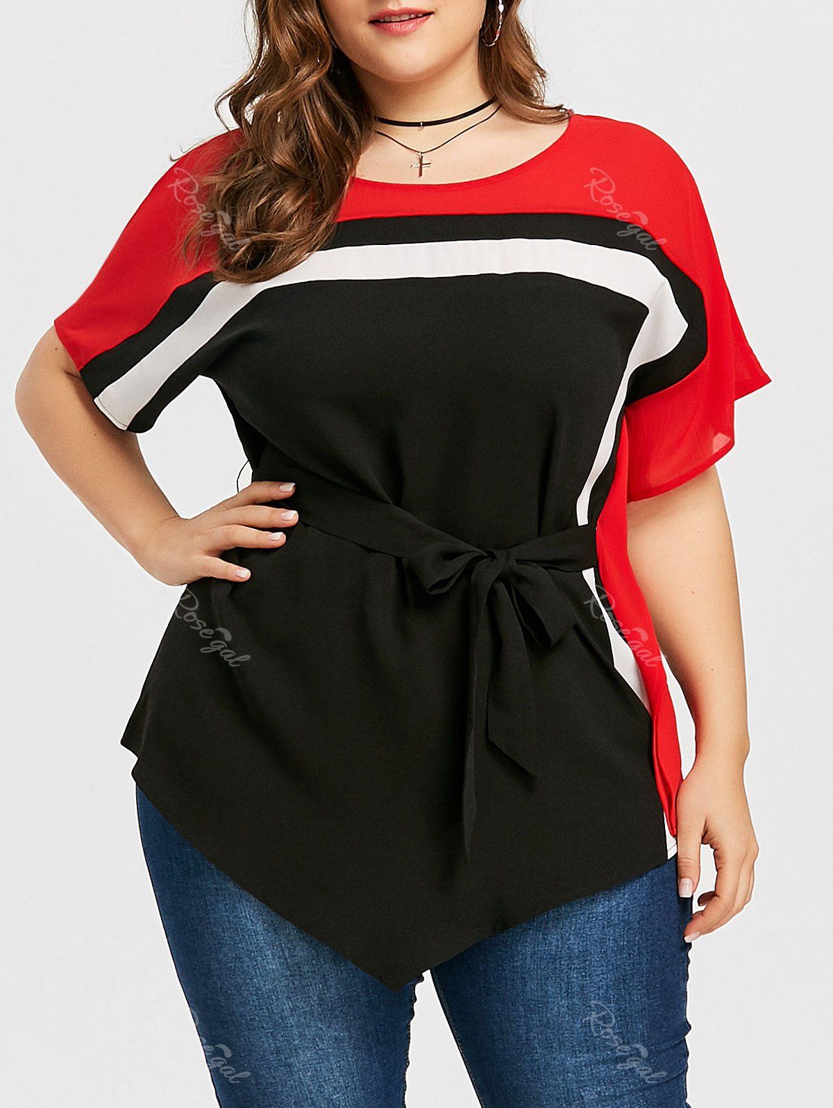 

Plus Size Asymmetric T-shirt with Tie Belt, Red