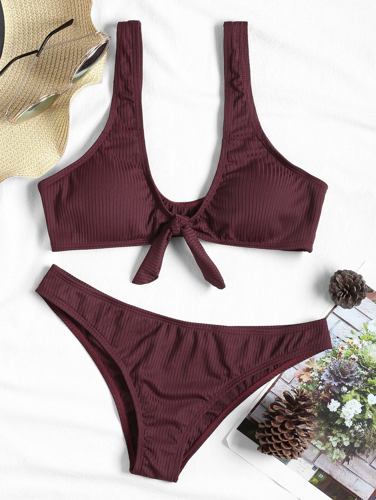 

Bowknot Ribbed Bikini Swimsuit, Wine red