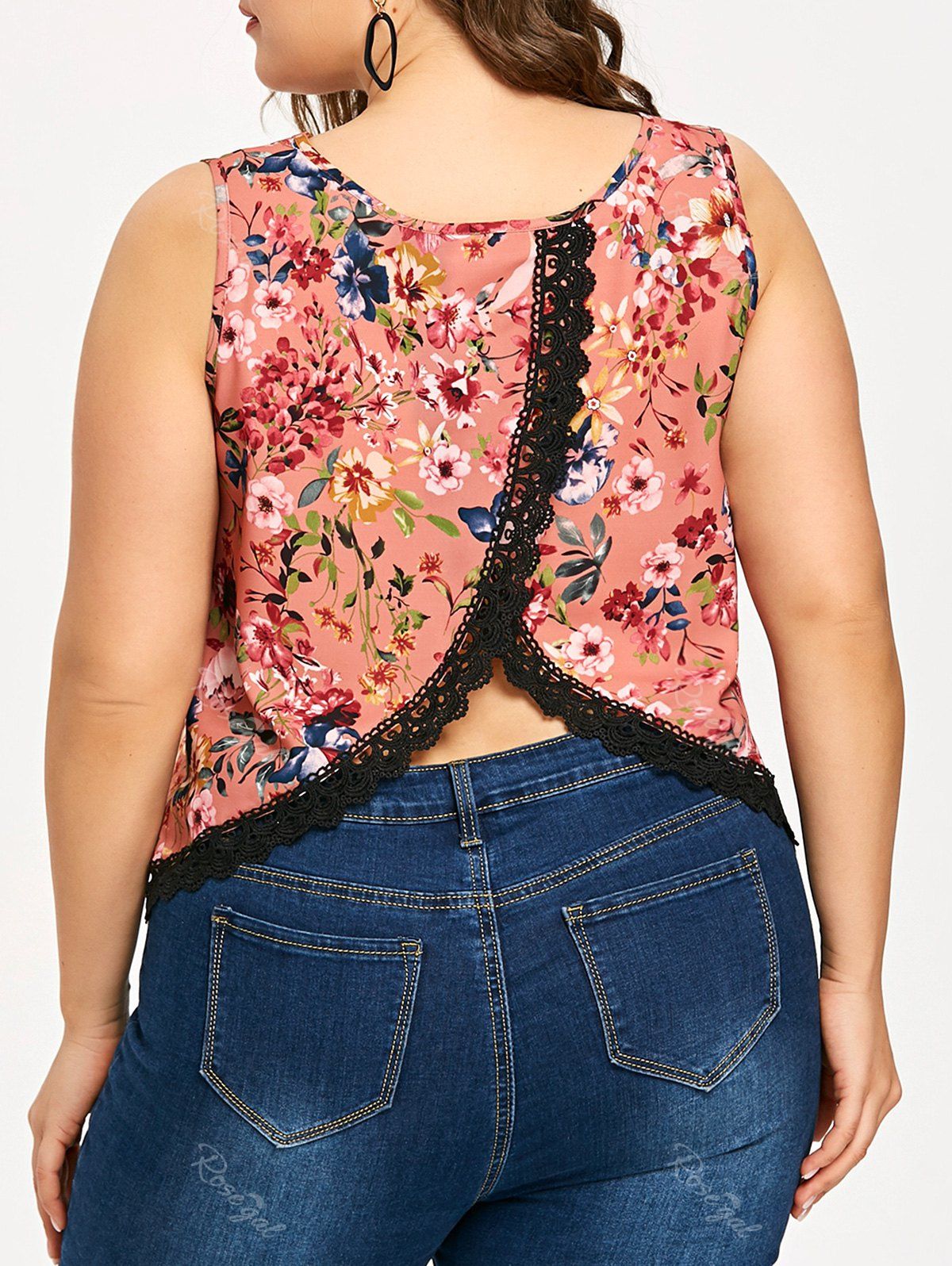 

Plus Size Overlap Tiny Floral V Neck Tank Top, Brick-red