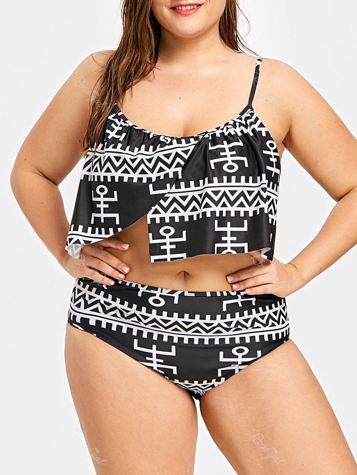 

Plus Size Geometric Asymmetrical Overlay Bikini Set, Black