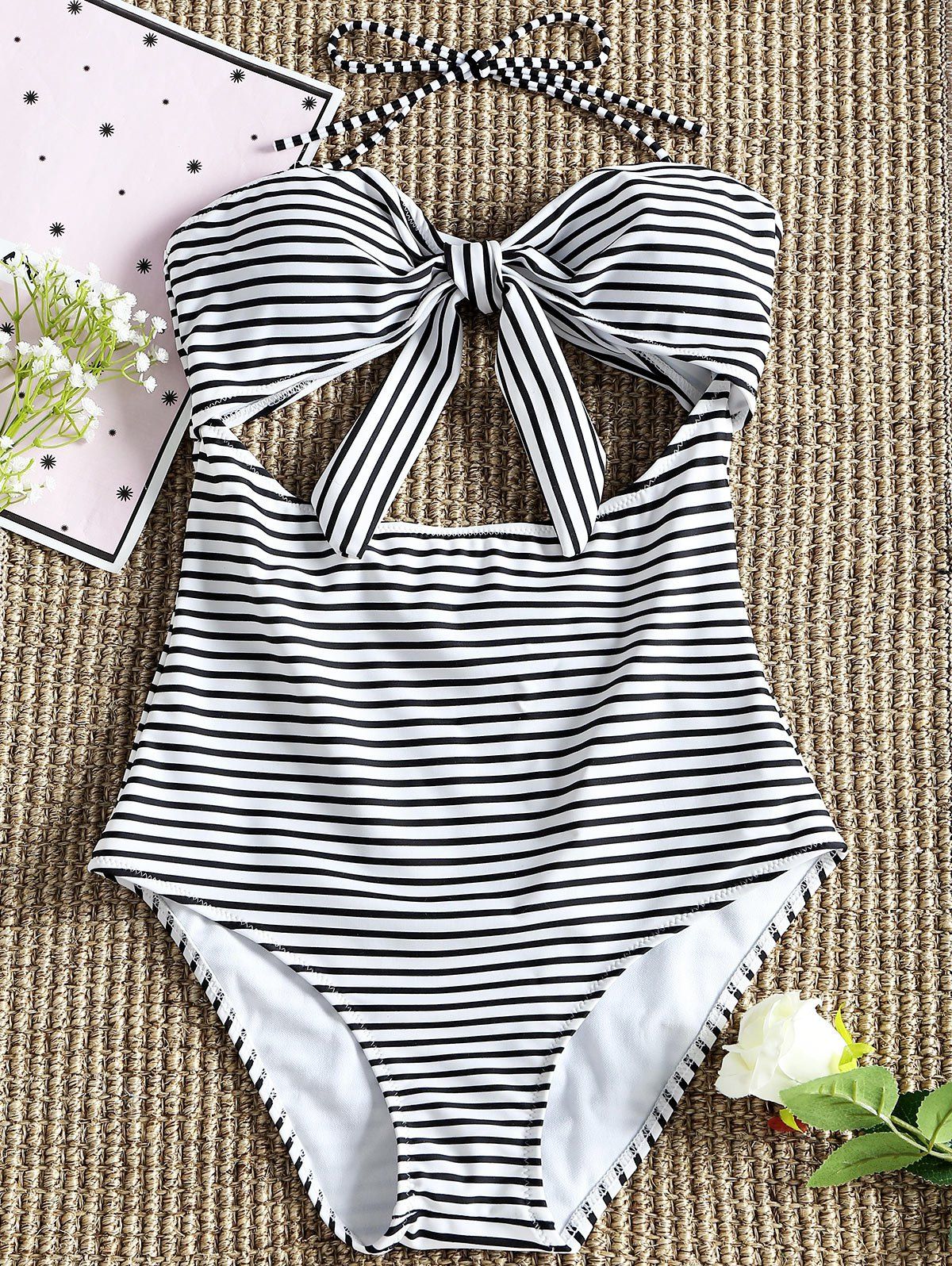 

Stripe One Piece Bandeau Swimsuit, Black stripe