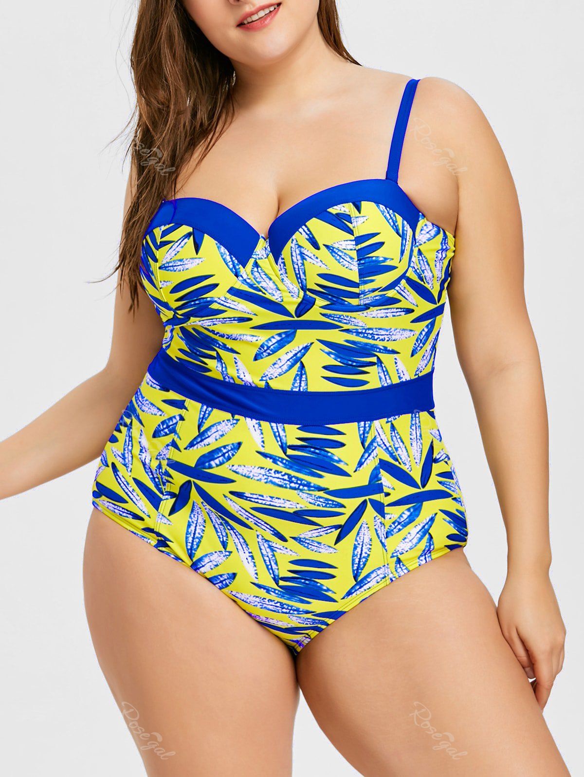

Plus Size Leaf Print Cami Swimsuit, Blue