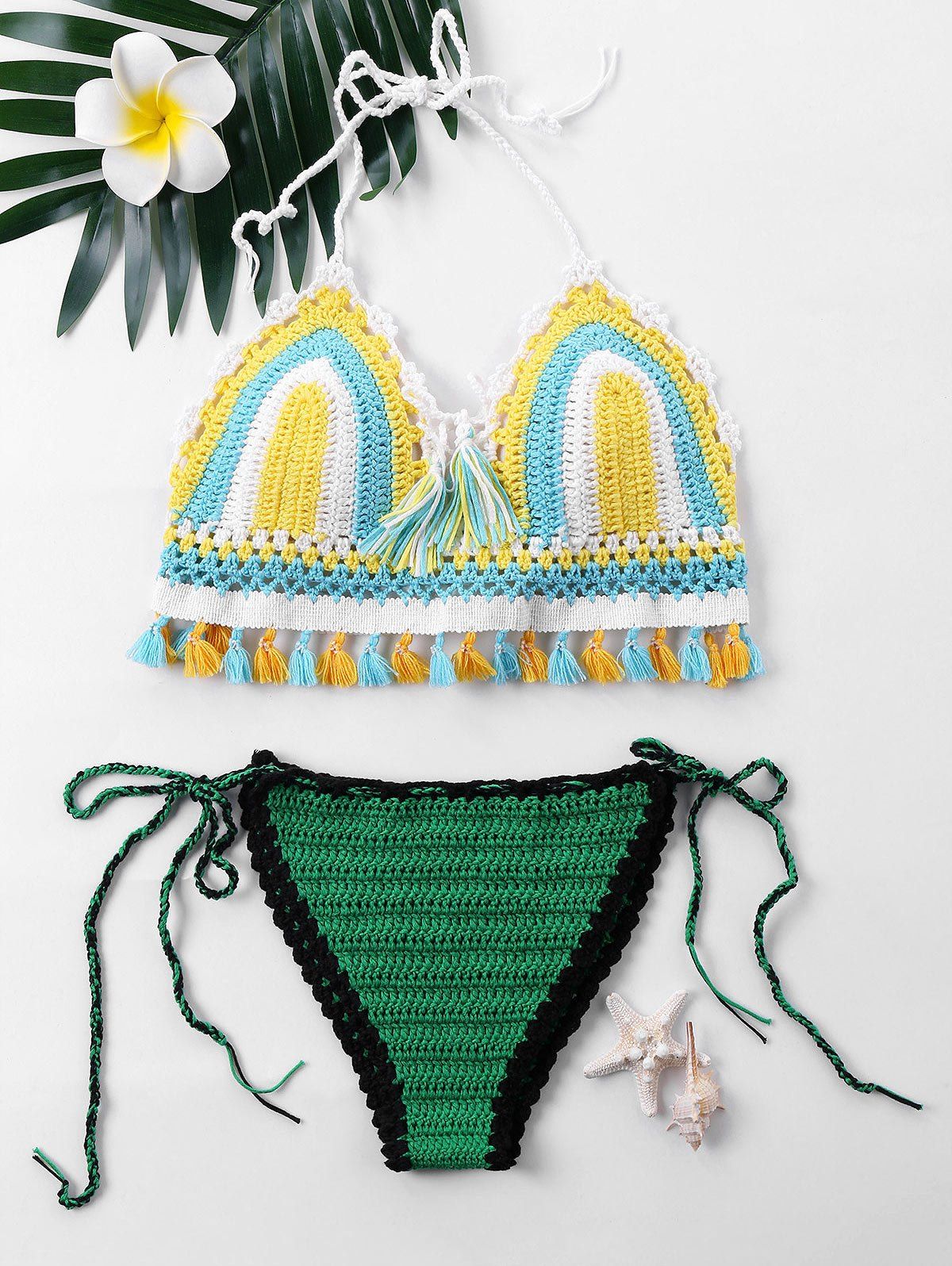

Tassel Knit Halter Bikini Set, Colormix
