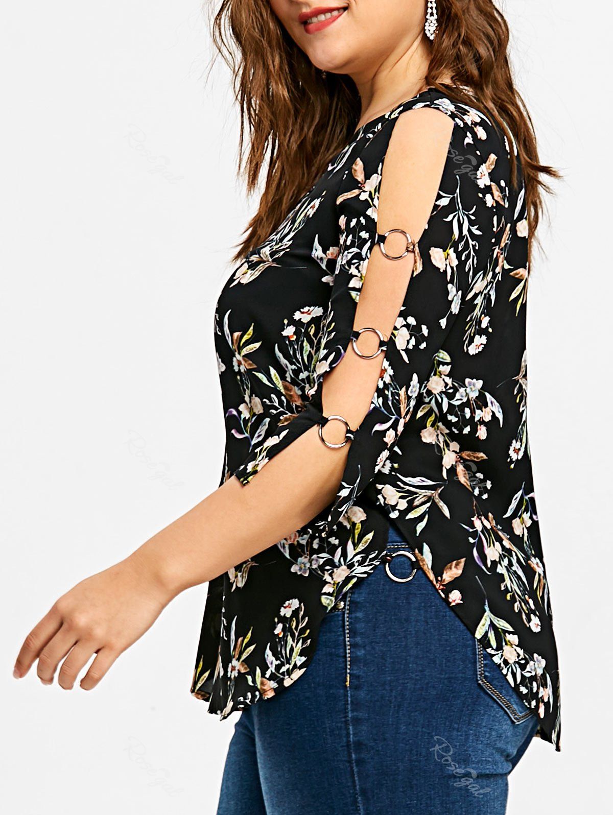 

Floral Print Plus Size Cut Out Sleeve T-shirt, Colormix