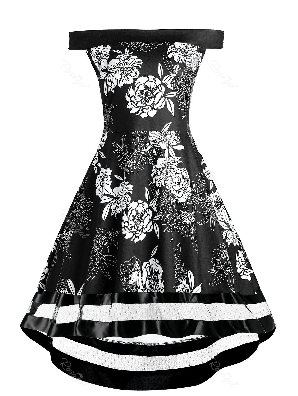 

Plus Size Floral High Low Off Shoulder Dress, Black white