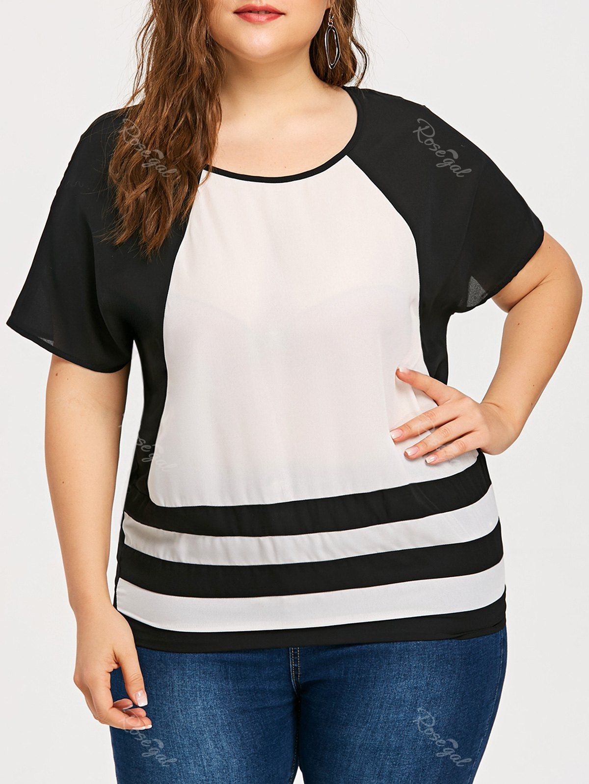 

Plus Size Color Block Striped Blouse, Black white