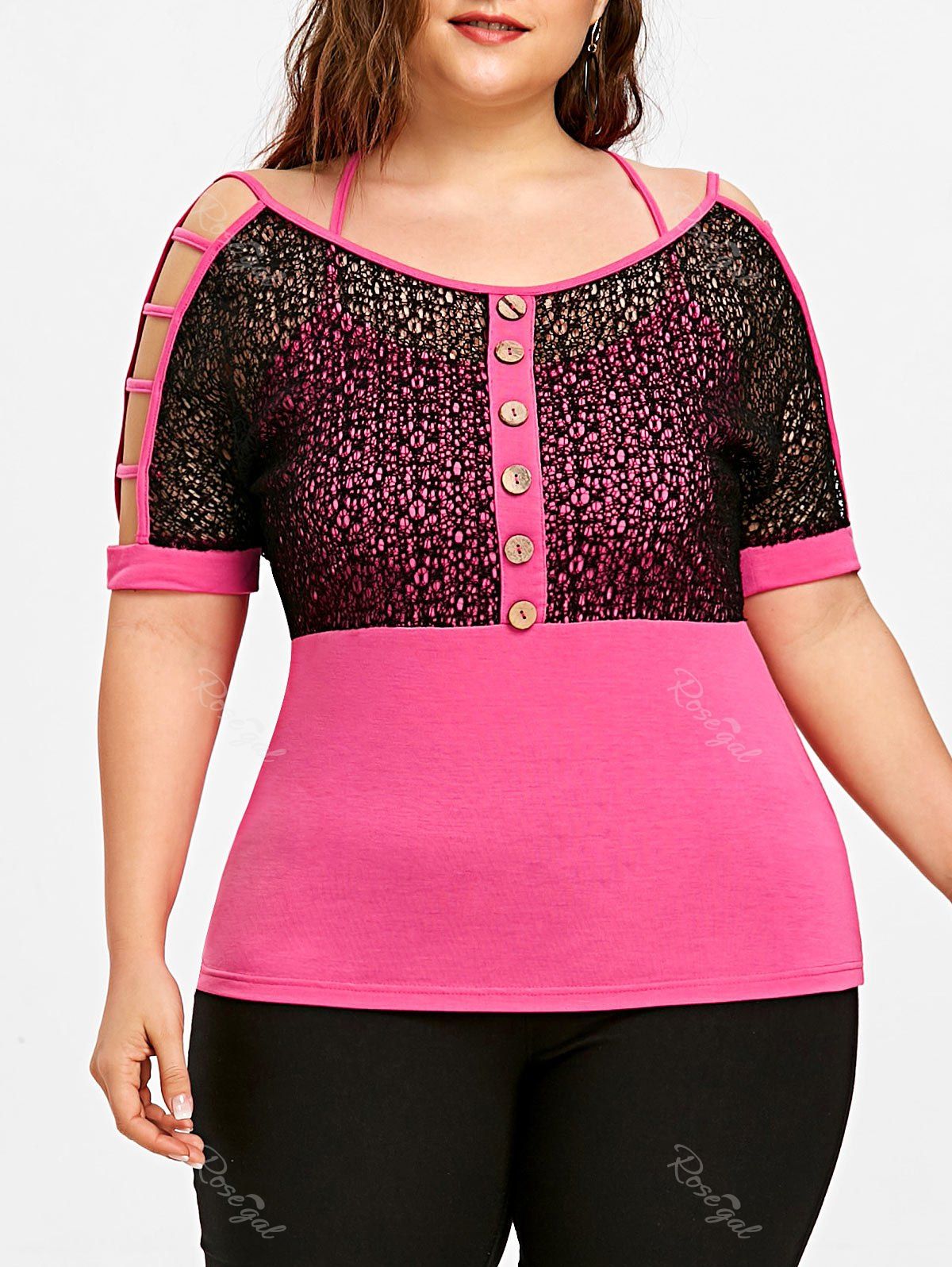 

Plus Size Two Tone Ladder Cut T-shirt, Rose red