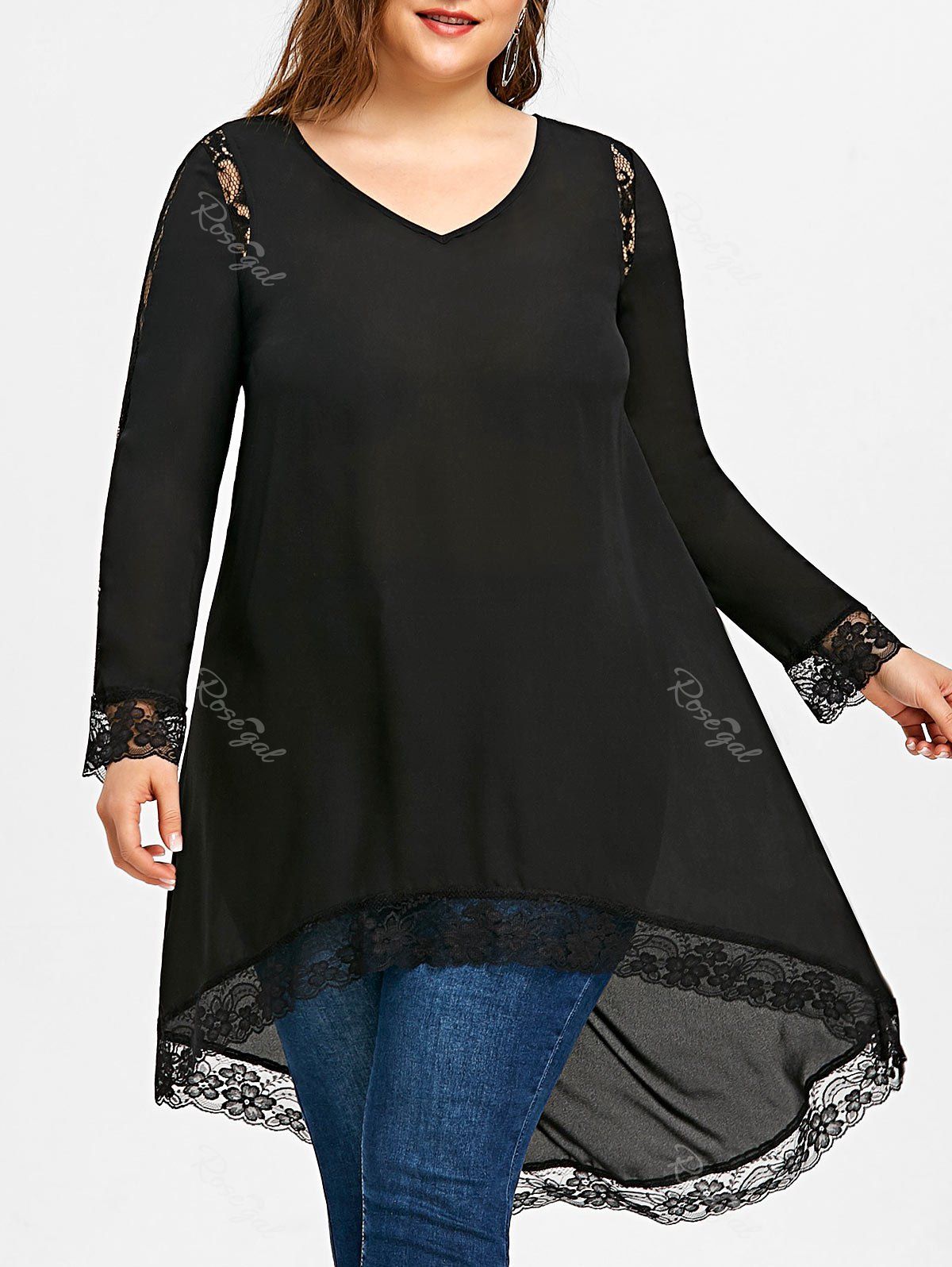 

Plus Size Lace Insert High Low Top, Black