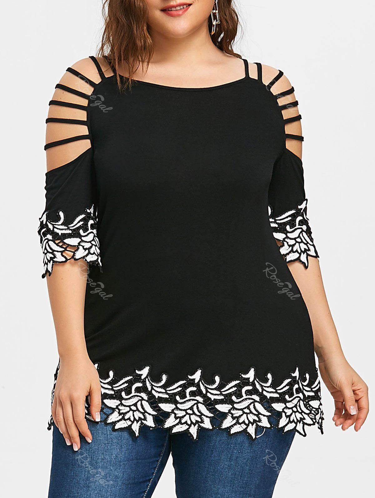 

Plus Size Lace Trim Ladder Cut T-shirt, Black