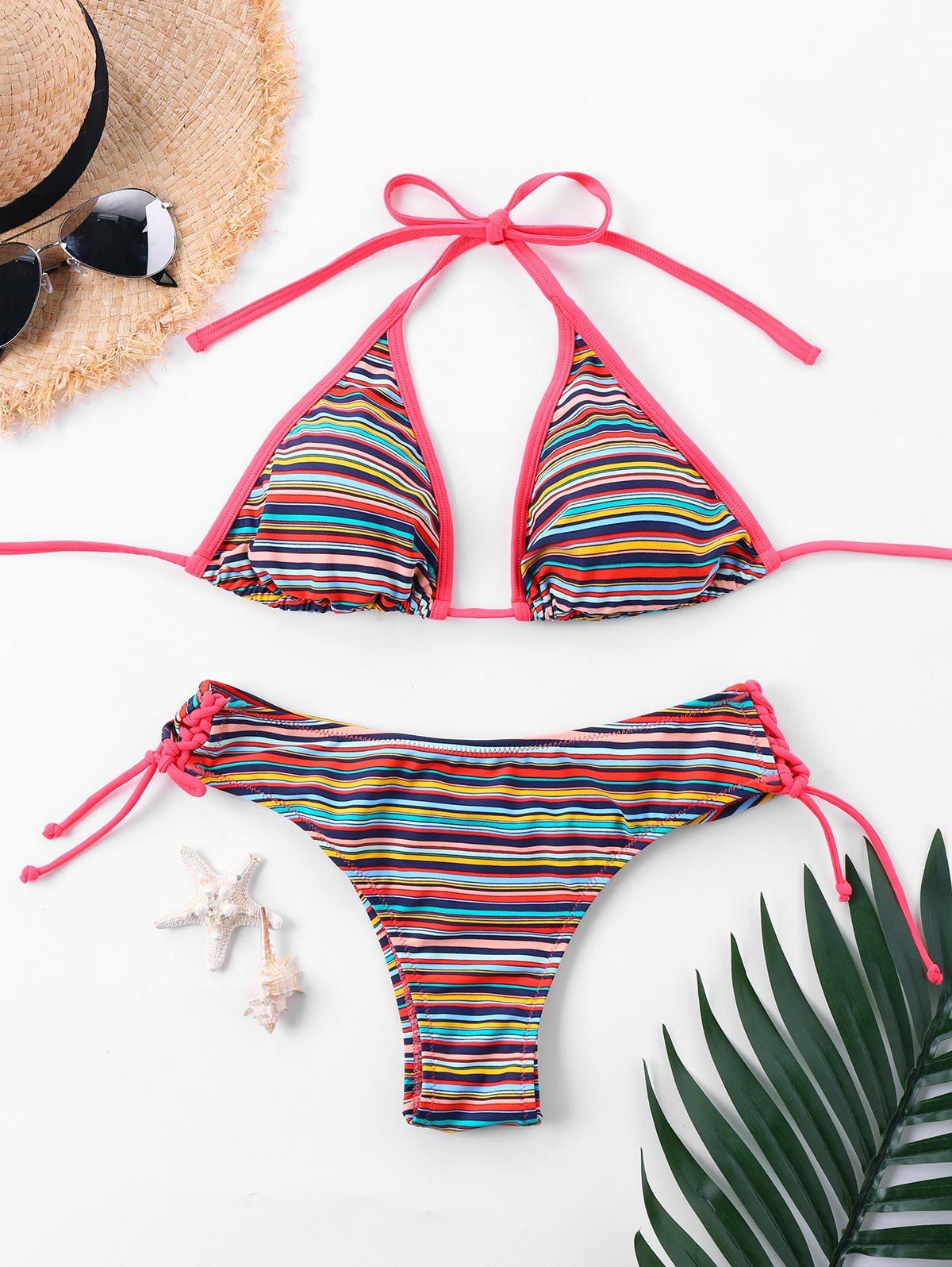 [49% OFF] Lace Up Halter Striped Bikini Set | Rosegal