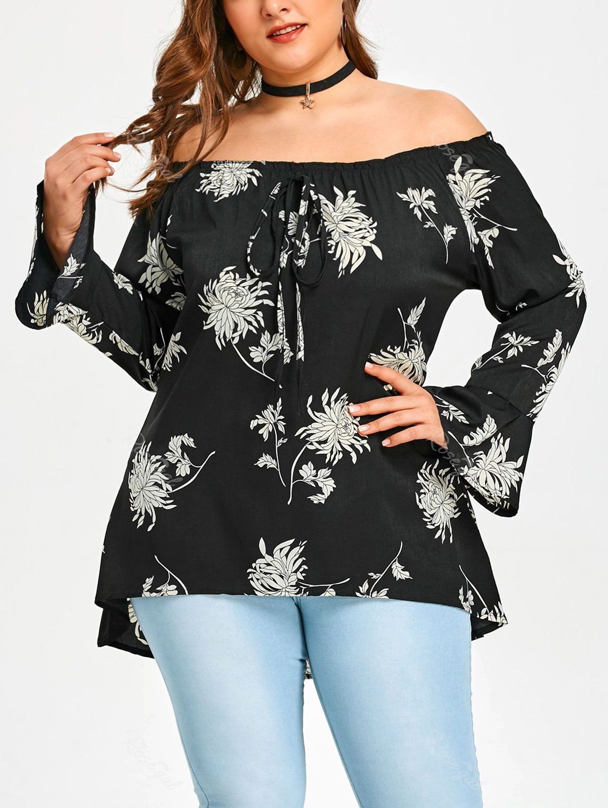 

Plus Size Off Shoulder Chrysanthemum Print Blouse, Black