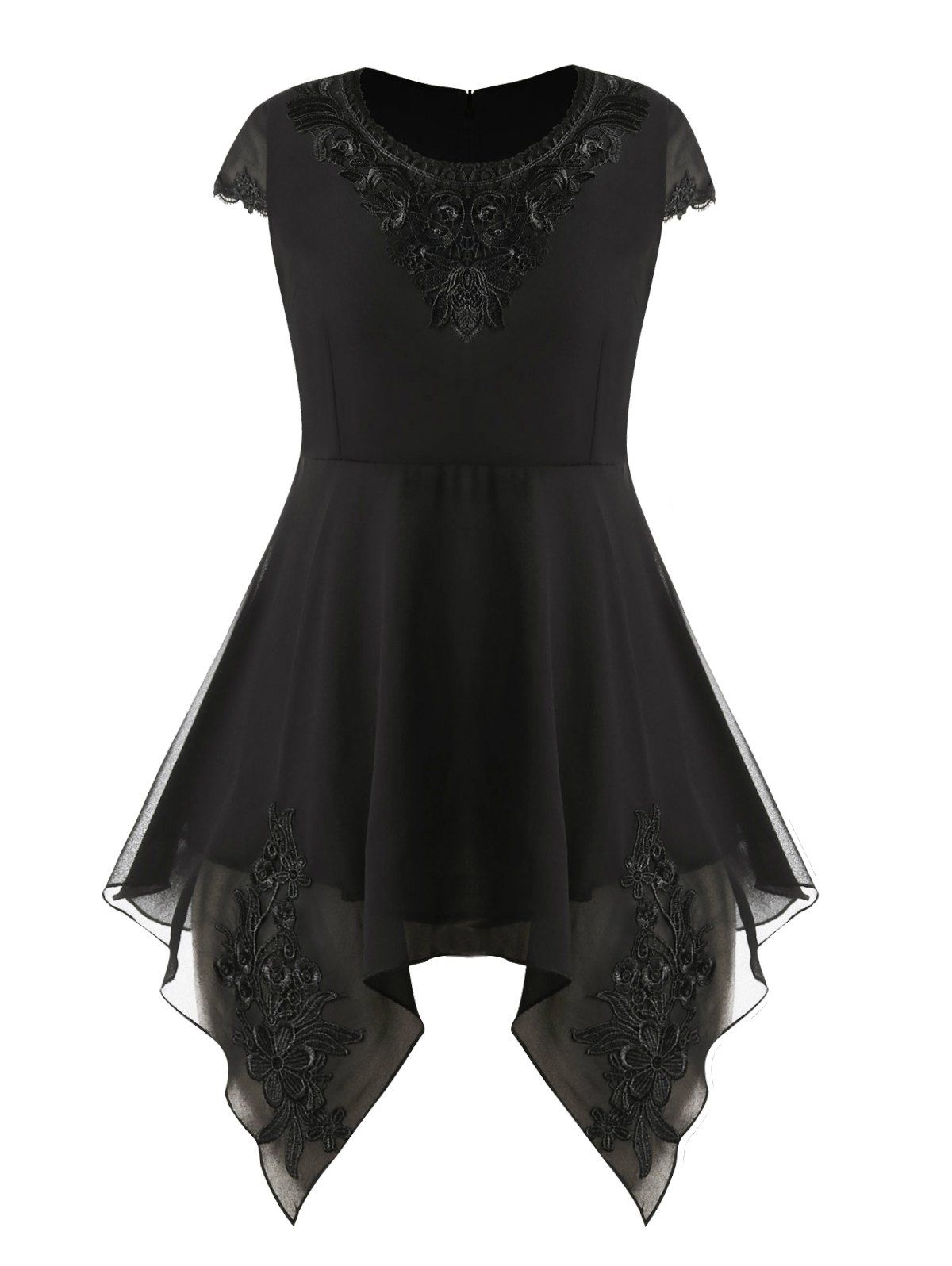 

Plus Size Applique Cap Sleeve Asymmetric Top, Black