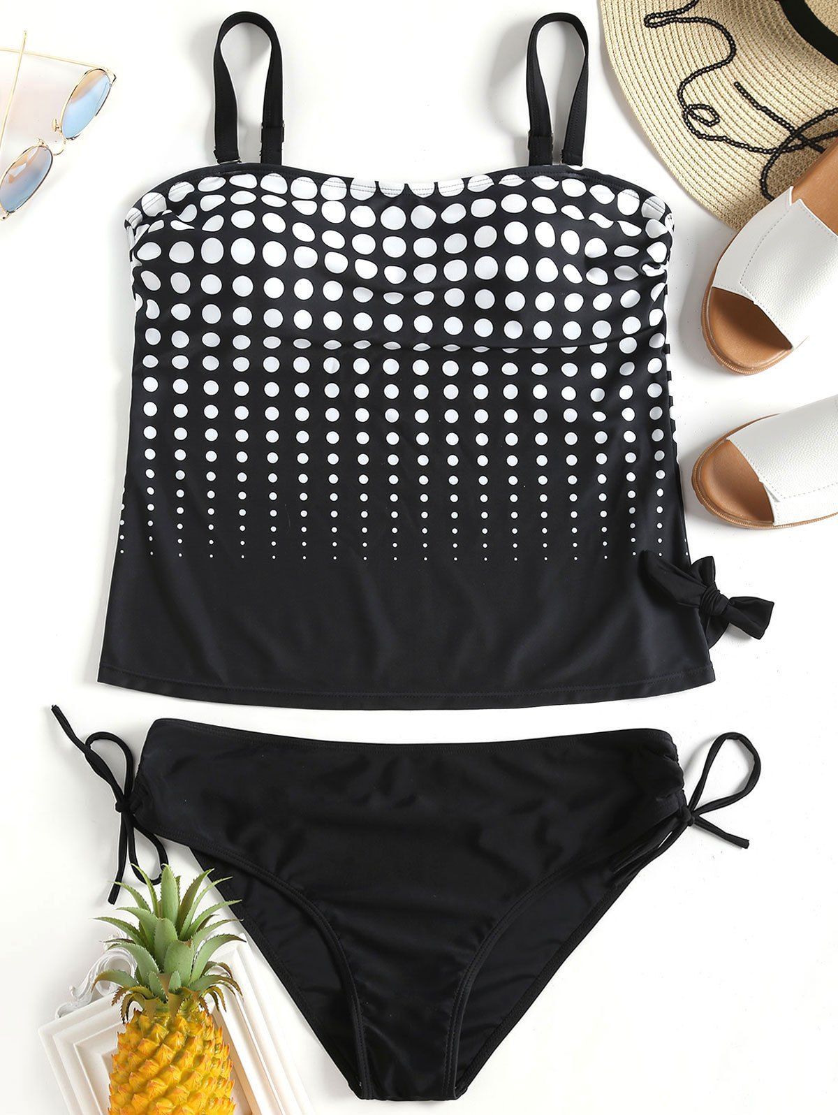 Polka Dot Print Plus Size Tankini Set, Black