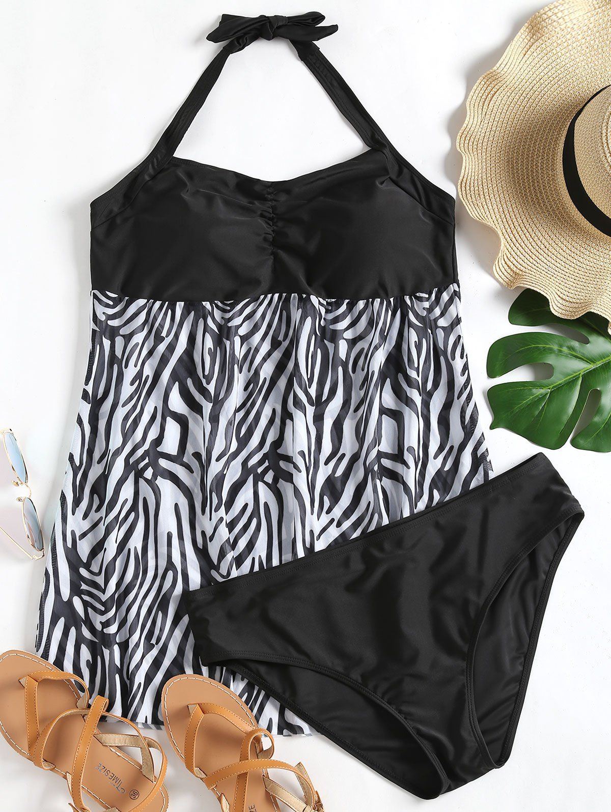

Zebra Striped Halter Plus Size Tankini Set, White and black