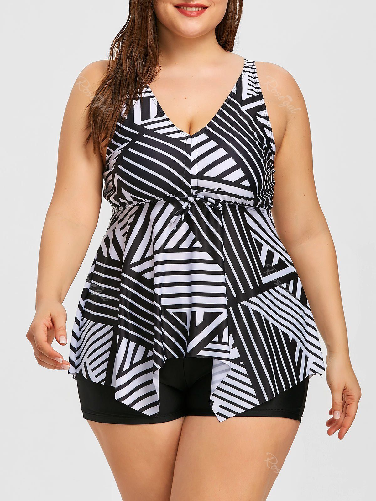 

Plus Size Asymmetrical Striped Empire Waist Tankini Set, Black