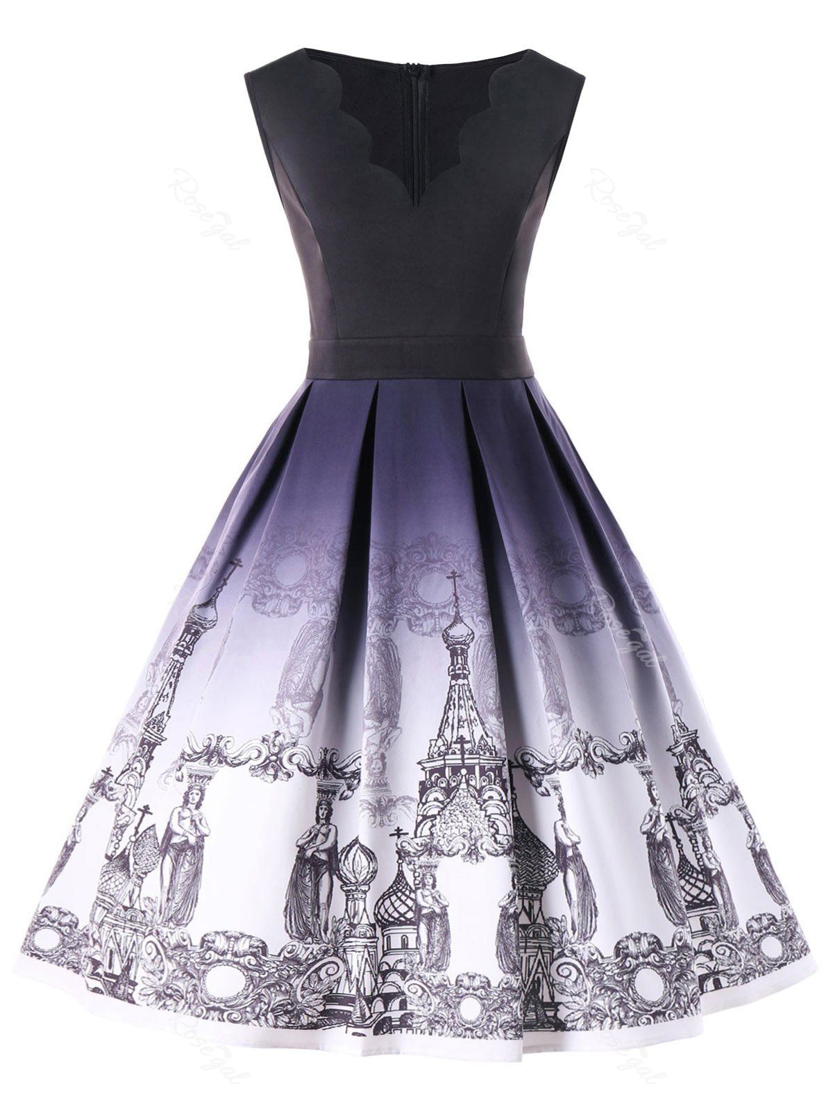 29 Off Plus Size Scalloped Neck Church Print Vintage Dress Rosegal