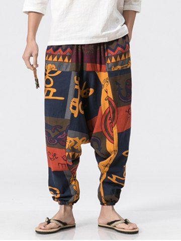 

Cotton Linen Printed Jogger Pants, Colormix