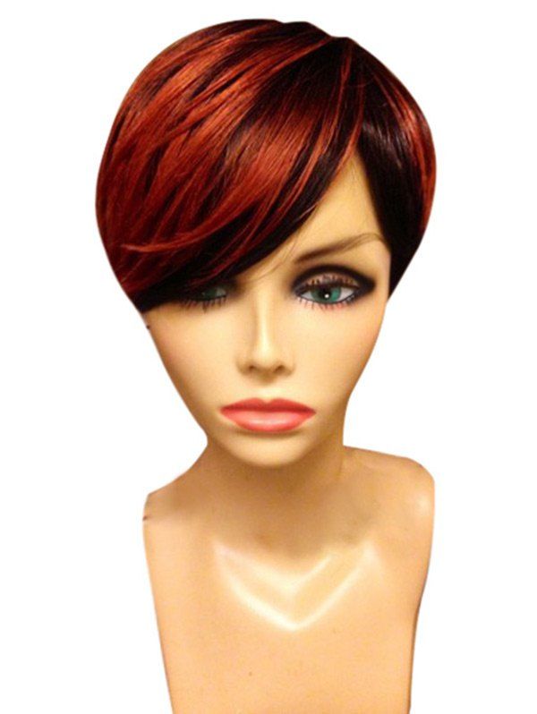

Short Oblique Fringe Colormix Straight Synthetic Wig, Red with black