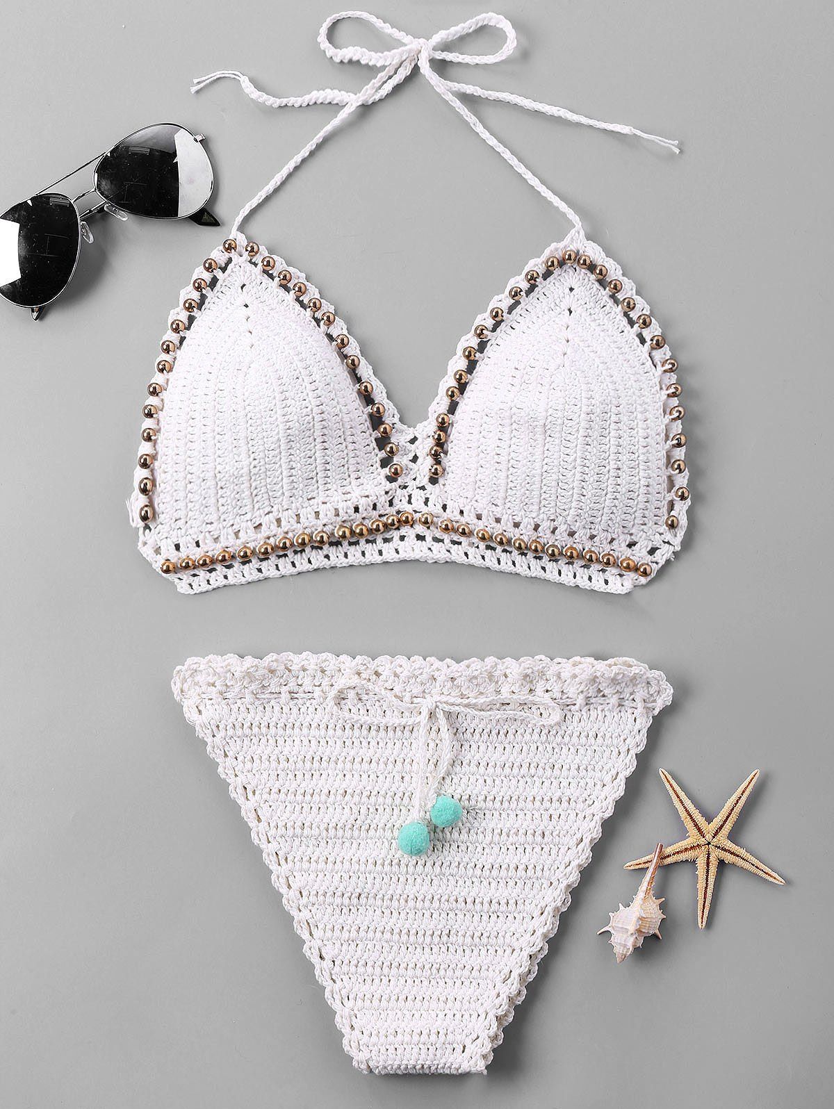 Off String Beading Halter Knit Bikini Set Rosegal