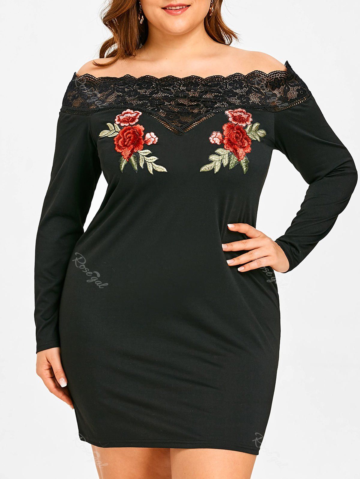 

Plus Size Off Shoulder Flower Embroidered Bodycon Dress, Black