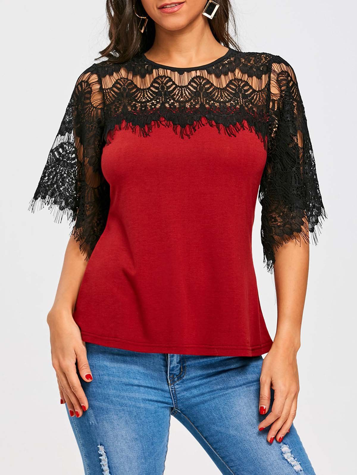 

Crochet Lace Panel T-shirt, Wine red