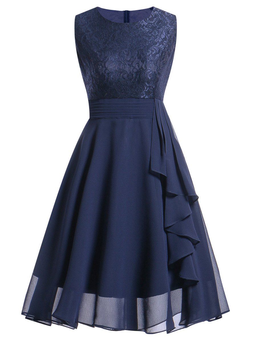 

Lace Insert Flare Party Dress, Deep blue