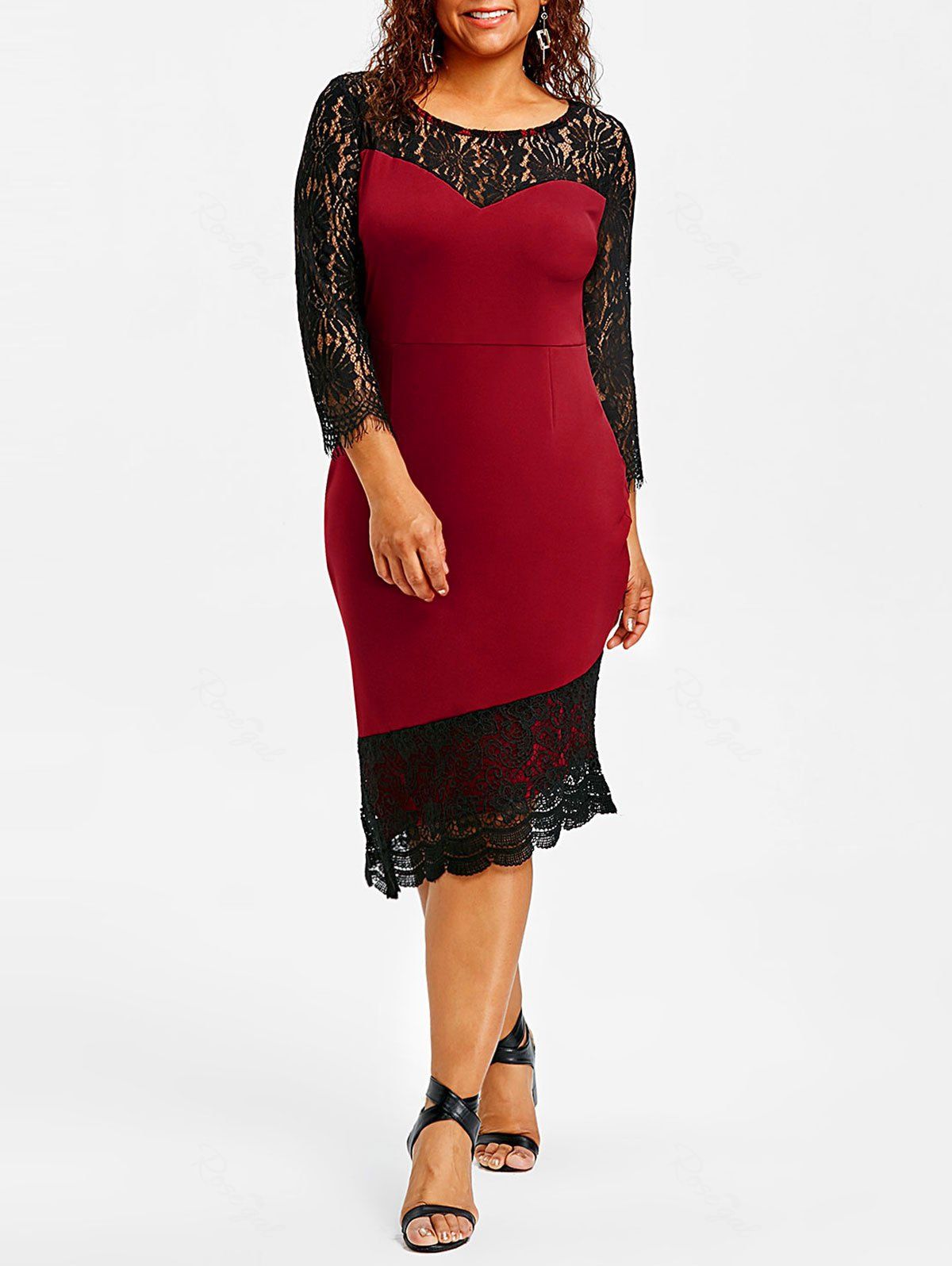 

Plus Size Lace Trim Asymmetric Dress, Red