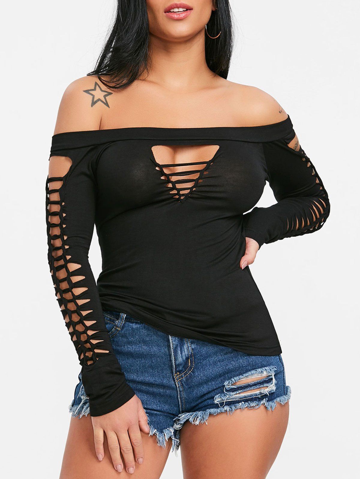 

Ladder Cut Bardot T-shirt, Black