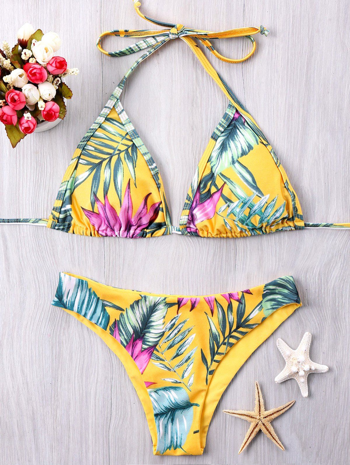 

Plant Print Halter Bikini, Yellow