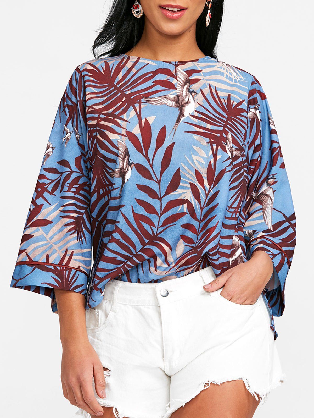 

Bird Print Slit Blouse, Colormix