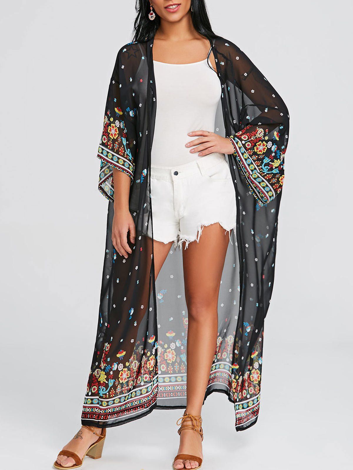 

See Thru Floral Beach Kimono, Black