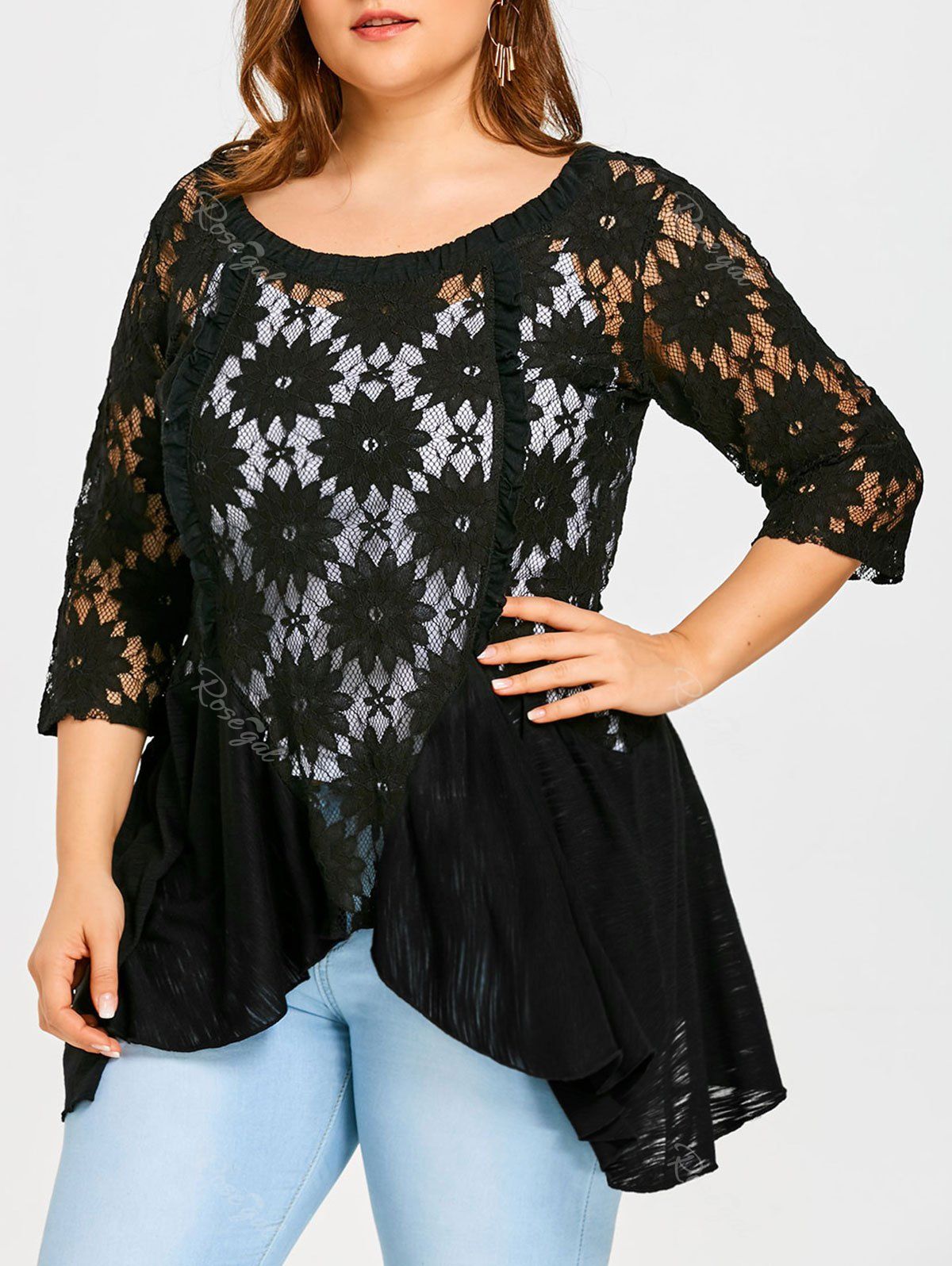 

Plus Size Flower Lace Blouse with Cami Top, Black