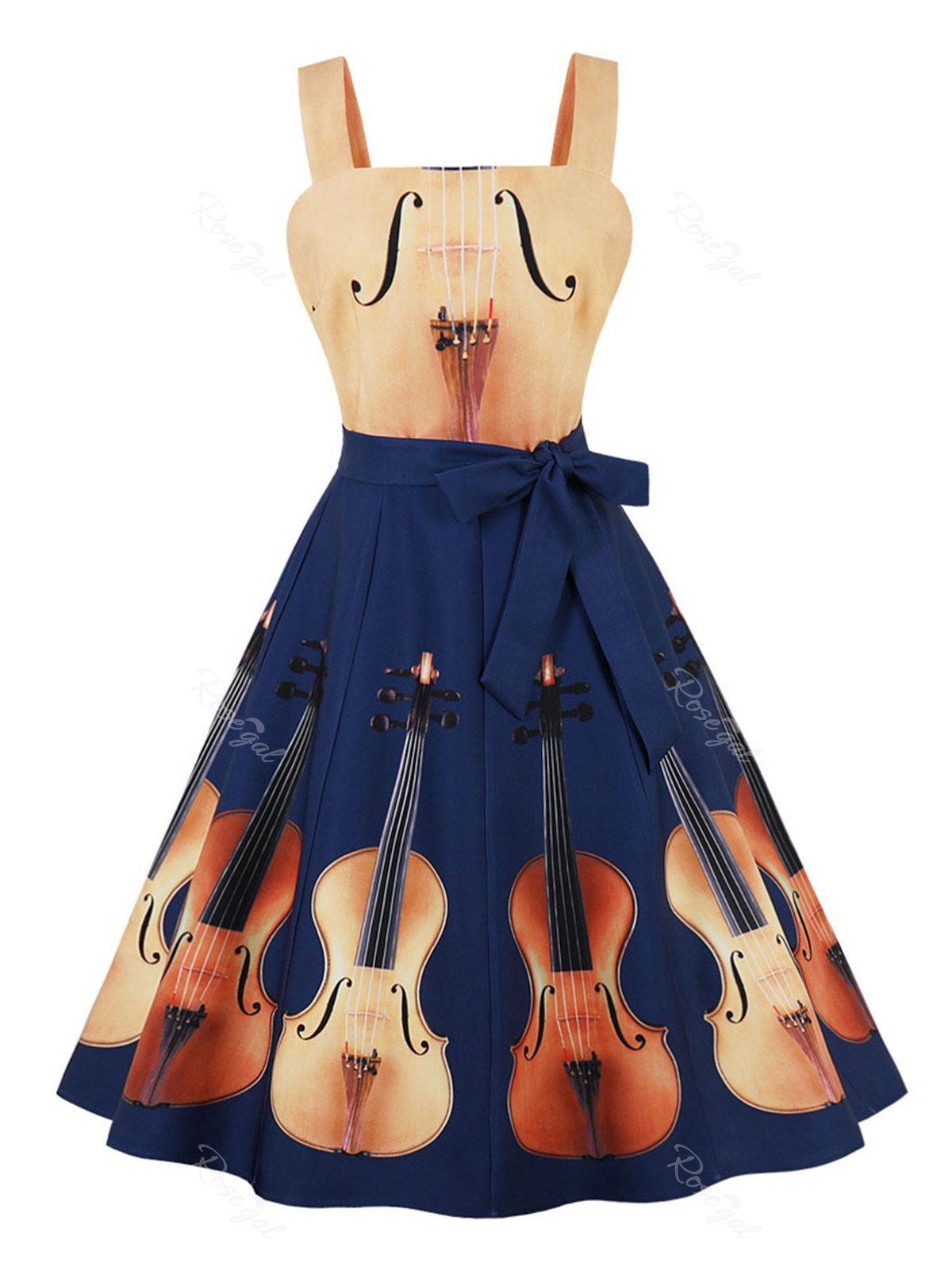 [50 OFF] Plus Size Violin Print Belted Vintage Dress Rosegal