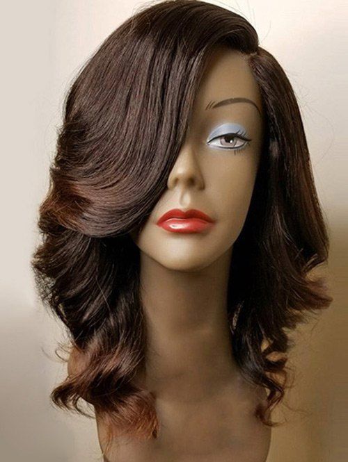 

Medium Side Parting Wavy Colormix Synthetic Fiber Wig, Dark brown ombre